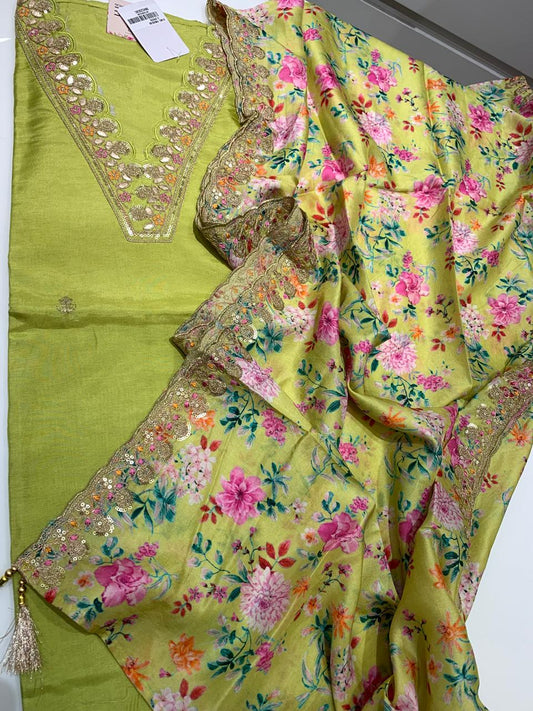 Neon Green V Neck Dola Silk Top and Floral printed Muslin Dupatta Set